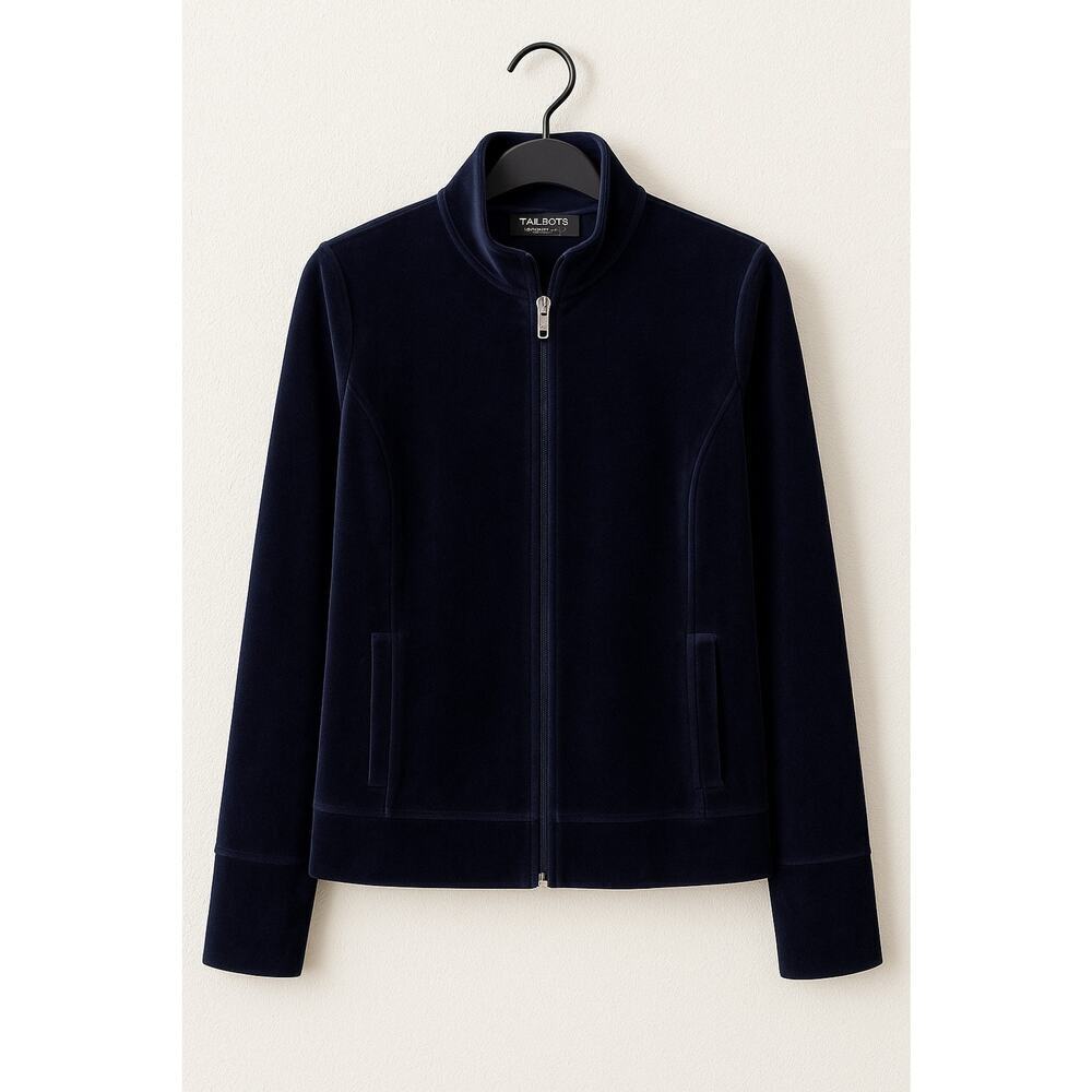 Talbots Petites Womens Velour Sweater Mock Neck Full Zip Pockets Black Size L